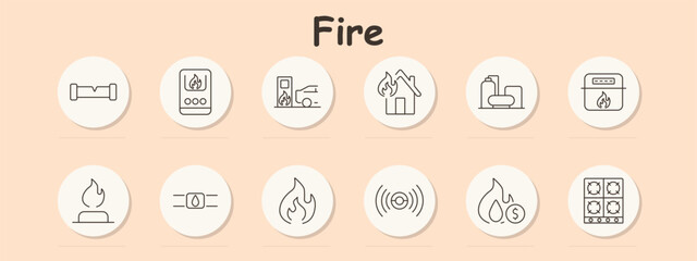 Fire set icon. Gasoline pump, house with flames, propane tanks, stove, fire alarm, gas pipeline, fire risk, protection, fuel storage, gas alarm, energy hazard, cooking safety