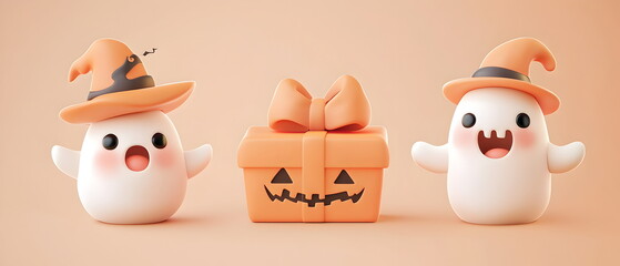 set of 3 Halloween cute characters in 3d clay design, including a gift box in a kawaii Happy Halloween concept, adorable and festive, isolated on a clean background