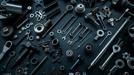Fototapeta premium A carefully sorted array of various mechanical parts laid out on a dark surface, emphasizing industrial precision and meticulous organization.