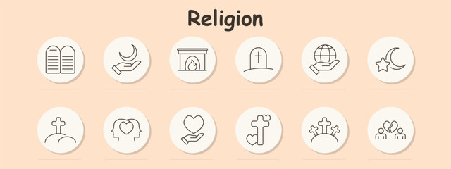 Religion set icon. Ten Commandments, hand holding crescent moon, fireplace, gravestone, globe in hand, star and moon, love, cross, unity, memorial, global care, spirituality, faith, tombstone