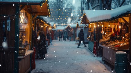 Naklejka premium A vibrant outdoor market enveloped in a magical snowfall, filled with illuminated stalls and visitors enjoying the festive ambiance and holiday cheer.