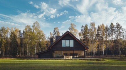 A contemporary wooden house amidst a beautiful, expansive field, flanked by tall trees and showcasing a vivid blue sky.