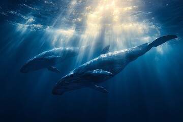  Whales swimming gracefully together in deep blue waters. Generative AI