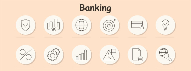Banking set icon. Shield, percentage chart, globe, target, credit card, lightbulb, interest, gears, growth, goal, document, search, finance, investment, security, transaction.