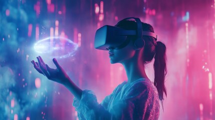 Young woman explores virtual reality with headset, interacting with holographic display in vibrant digital landscape at night