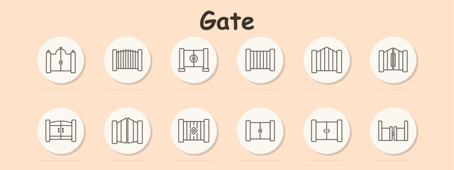 Gate set icon. Wooden, cross, arched, entrance, fence, security gate, double door, iron, closed, garden, wooden fence, entryway, barrier, boundary