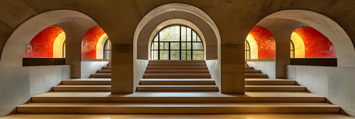 Obraz premium Three Arched Windows and Stairs inside a Concrete Building