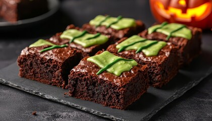 Frankensteinthemed brownies with green icing and candy bolts, served on a Halloweenthemed table with spooky lighting, Frankenstein dessert, monster brownies