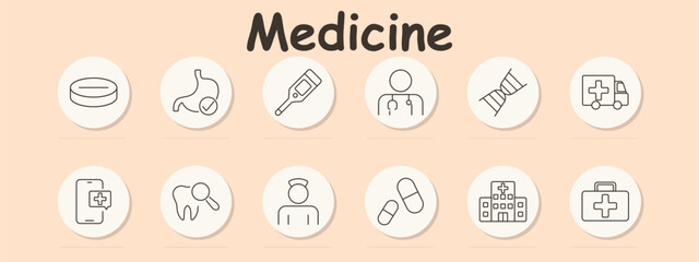 Medicine set icon. Pill, stomach, thermometer, doctor, DNA, ambulance, mobile consultation, tooth, nurse, capsule, hospital, first aid.