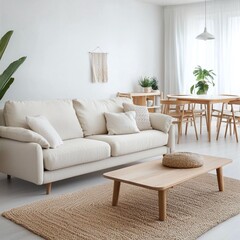 Fototapeta premium Scandinavian Mid-Century Modern interior photo with white walled living room with art frame hanging and wood shelf and sofa and table. Generative AI 