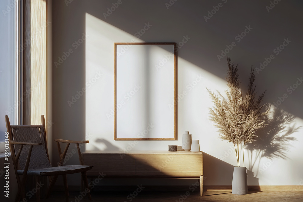 Wall mural frame mockup - white background, hard shadows