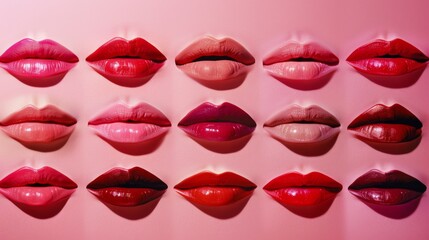 An array of lips displaying various shades of lipstick against a light pink background, illustrating the diversity and beauty of cosmetic products.
