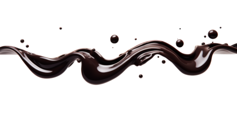 A dynamic wave of dark chocolate with scattered droplets in motion, captured against a transparent background to highlight the rich color.