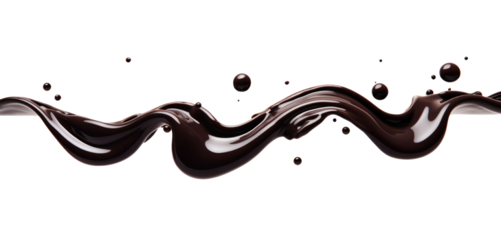 A dynamic wave of dark chocolate with scattered droplets in motion, captured against a transparent background to highlight the rich color.