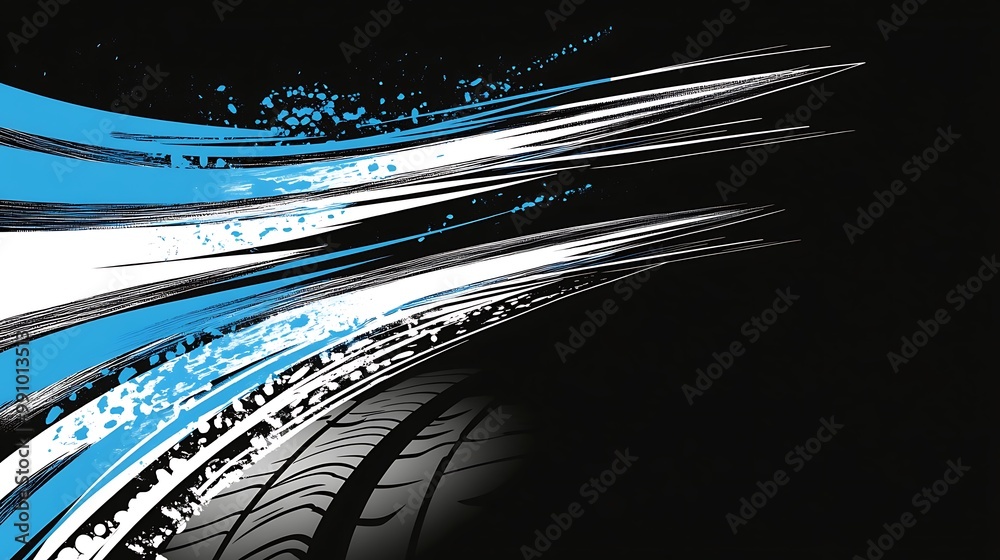 Poster abstract tire track with blue and white lines on a black background