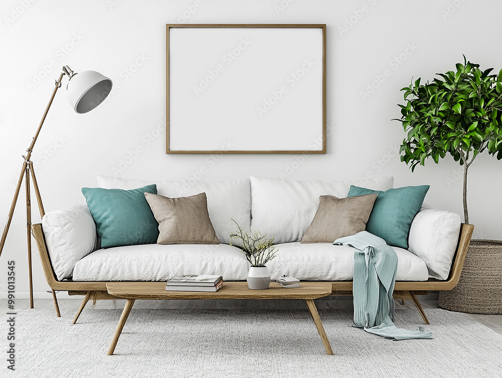 Wall mural frame mockup - cozy interior, white background