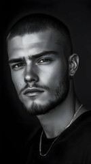 Obraz premium Close-up Portrait Shows Man with Shaved Head and Goatee on Black Background