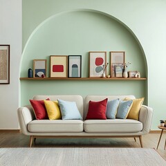 A Scandinavian mid-century modern interior photo of the living room with mint-colored walls and arches. Generative AI
