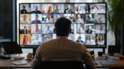 Fototapeta premium Employee participating in a virtual meeting with multiple attendees displayed on a large screen in a modern office setting
