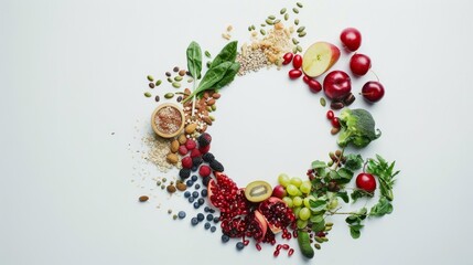 A circular arrangement of vibrant fruits and vegetables on a white background, showcasing a colorful and healthy assortment.