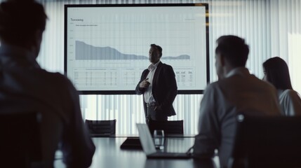 A formal meeting room with a presenter in front of a large screen showing detailed data charts, engaging a group of colleagues in a structured discussion.