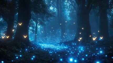 Dark forest glowing softly neon flowers scattered throughout picture