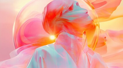 An ethereal digital illustration featuring a human silhouette immersed in a vibrant blend of pink, orange, and yellow hues.