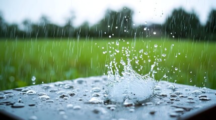 Simple Analog Rain Gauge Capturing Rainfall in Green Countryside Landscape