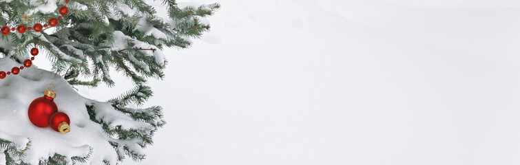 White snow and twigs of green spruce tree with Christmas decorations for holiday background