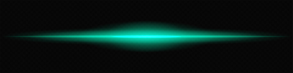 Glowing green laser beam horizontally across a dark transparent background, creating a futuristic and high-tech visual effect. Neon flare, laser lines of light. On a transparent background.