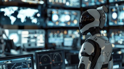 Fototapeta premium A robot stands in a sophisticated control room, overseeing a multitude of screens, clearly engaged in complex data analysis and systems management.