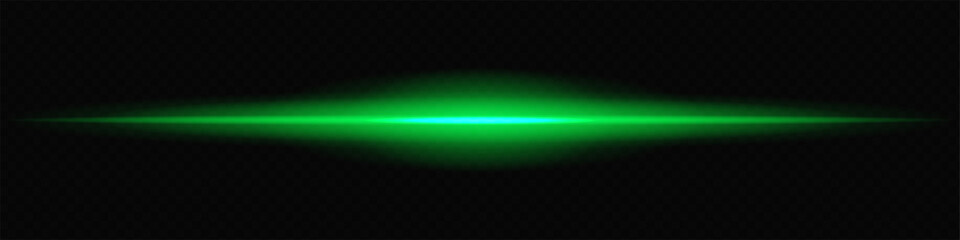 Obraz premium Glowing green laser beam horizontally across a dark transparent background, creating a futuristic and high-tech visual effect. Neon flare, laser lines of light. On a transparent background.