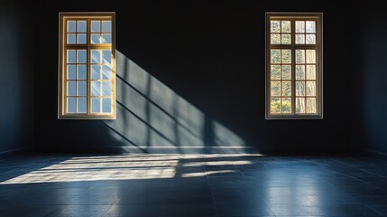 Obraz premium Light and shadow project dramatic contrast effects on black walls and floors, with strong shadows and smooth textures in minimalist design, suitable for modern interior or abstract concept design.