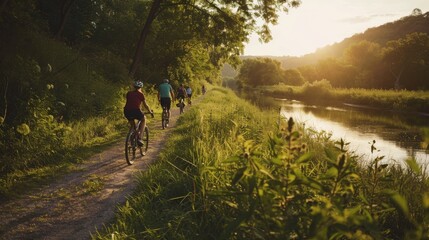 Cyclists enjoy a scenic riverside path at sunset, casting long shadows and immersed in nature's tranquility, embodying adventure and the joy of outdoor activities.