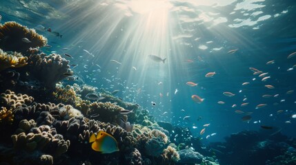 Fototapeta premium Sunbeams pierce through the clear ocean water, illuminating radiant coral reefs teeming with a myriad of colorful fish.