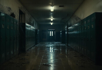 Obraz premium Cinematic Halloween School Hallway Illustration Background 