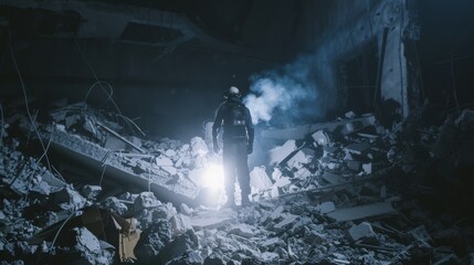 A solitary figure in protective gear stands amidst the rubble of a collapsed building, their flashlight illuminating the daunting ruins.