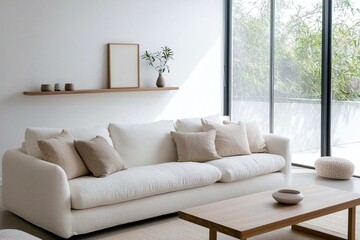 Fototapeta premium Scandinavian mid-century modern interior living room with white-walled walls and a sofa and wooden table. Generative AI 