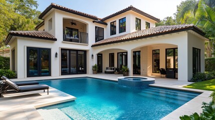 Fototapeta premium A beautiful two-story, luxurious home in the Miami area with an outdoor pool and large windows