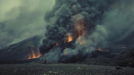 A powerful volcanic eruption sends plumes of smoke and ash into the sky, with fiery lava bursts illuminating the dramatic, tumultuous landscape.