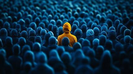 Obraz premium A blue crowd of people with one person in yellow standing out, symbolizing the concept of individuality and distinctive features among the many