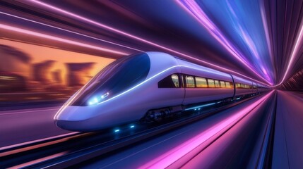 Fototapeta premium High-speed train traveling through a futuristic tunnel with vibrant lighting effects during sunset