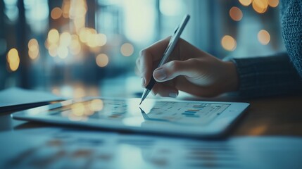 Obraz premium A business professional analyzing financial data on an tablet, with graphs and charts in the background.