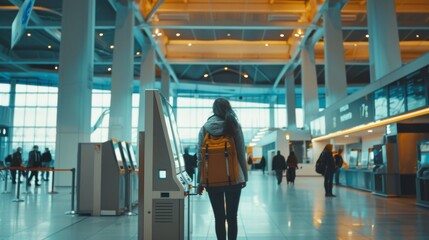 Obraz premium A woman with a yellow backpack stands at an airport kiosk, illuminated by bright, artificial lighting in the modern terminal.