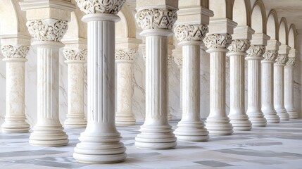 3D representation of imposing, classic marble columns arranged in varied architectural styles