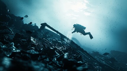 A lone diver explores a surreal underwater landscape filled with debris and shadows, bathed in an eerie, otherworldly light.