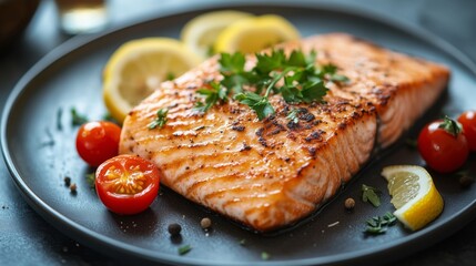 A close-up shot of a perfectly seared salmon fillet, showcasing its rich color and golden-brown texture on the plate