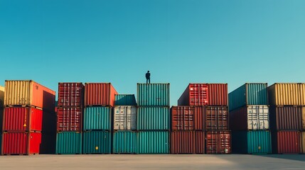 Fototapeta premium A photo of stacked shipping containers at the port, ready for transport to their physical destination