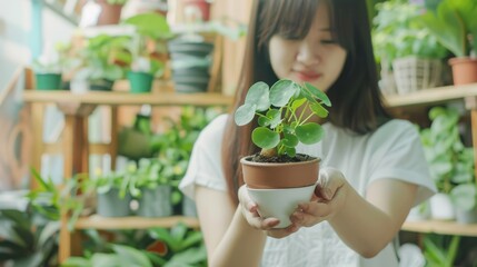 Obraz premium A smiling woman holds a potted plant with lush, green leaves, surrounded by an indoor garden filled with varied plants.