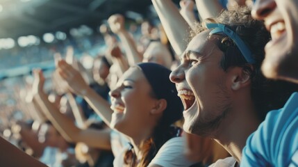 Obraz premium Enthusiastic crowd members cheer passionately, their faces beaming with happiness and unity, immersed in the euphoric energy of a sports event.